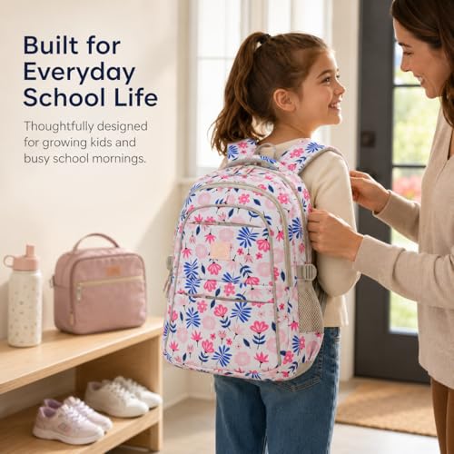 MYGOO Girls School Backpack Euclid Flower Pink Bookbag for Elementary Middle School Ages 5-12, 17 inch Large Capacity 24L Kids Student Travel Bags - color: Euclid Flower Pink