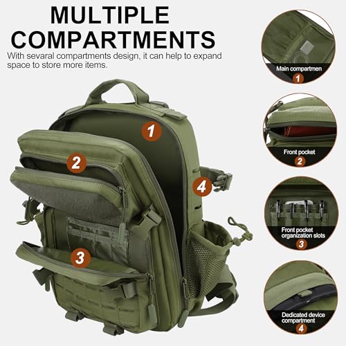 LHI Tactical Military Backpack for Men 25L/45L Large Molle Army Assault Pack 3 Day Hiking Rucksack With Bottle Holder - color: Green With Bottle Holder, size: 25L