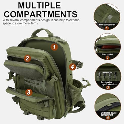 LHI Tactical Military Backpack for Men 25L/45L Large Molle Army Assault Pack 3 Day Hiking Rucksack With Bottle Holder - color: Green With Bottle Holder, size: 25L