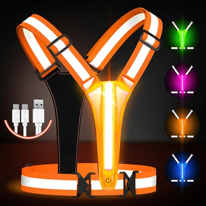 Fokia Kunbio LED Reflective Running Vest Gear,Light Up Vest Runners Night Walking USB Rechargeable,Up to 11hrs Light with Adjustable Waist/Shoulder for Women Men Kids - color: Orange