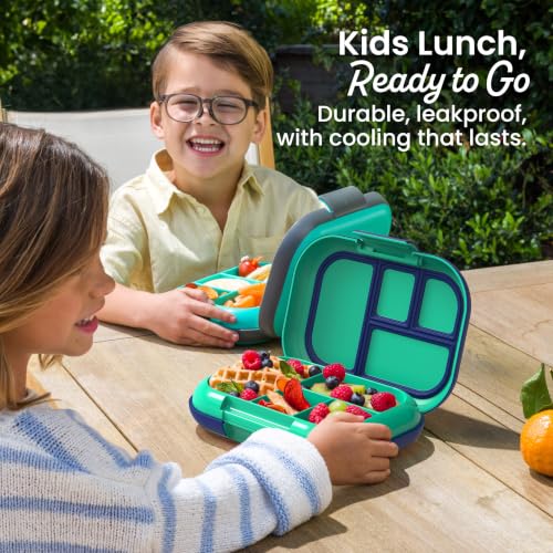 Bentgo Chill Kids Leakproof Lunch Box - 4-Compartment Bento Box with Built-In Ice Pack, 3.3 Cup Capacity, BPA-Free, Microwave & Dishwasher Safe Tray, Ages 3–7 (Green/Navy) - color: Green/Navy