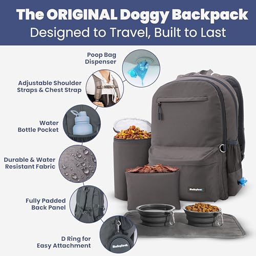 Dog Travel Bag for Supplies - Complete Dog Diaper Bag Backpack with 2 BPA-Free Travel Bowls, Treat Pouch, Food Container, Placemat & Laptop Sleeve – for Traveling, Road Trips, Hiking: Dk Grey - color: Dark Grey