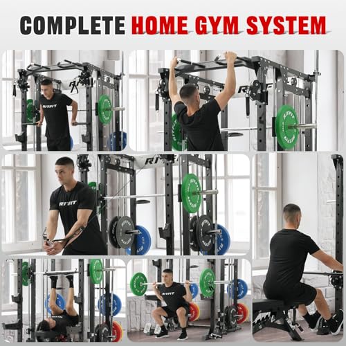 RitFit Buffalo Smith Machine, Power cage with LAT-Pull Down System & Cable Crossover System, All-in-One Squat Rack for Home Gym, Power Rack - color: BLACK, size: Package(With BP260)