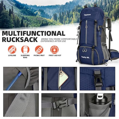 King'sGuard 60L waterproof lightweight hiking backpack with rain cover and shoe compartment outdoor sports travel backpack (Navy blue) - color: Navyblue