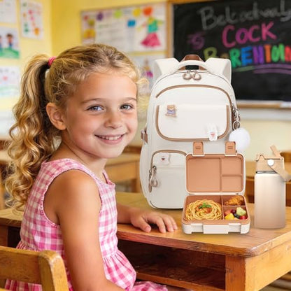 ACESAK 5PCS Backpack for Girls with Bento Box & 14oz Insulated Water Bottle - Cute School Girls Backpacks for Elementary Preschool Middle with Lunch Bag & Pencial Case, Back To School (Beige khaki) - color: Khaki