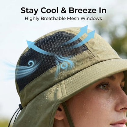UV Sun Protection Hat Women Foldable Neck Flap Wide Brim Fishing Hat with Ponytail Hole for Women - color: 002 Army Green
