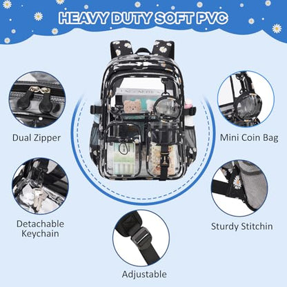 Clear Backpacks for Stadium Events Heavy Duty Clear Bookbag for School Girls Transparent Back Pack, Black - color: Black Daisy
