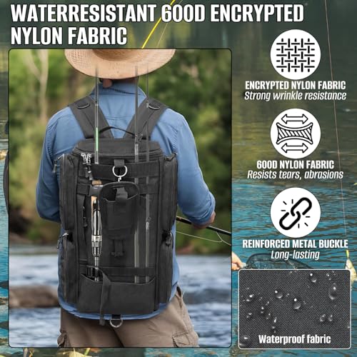 LIWSHWZ Fishing Tackle Backpack with Rod Holders,20L Lightweight Fishing Bag Storage Tackle Box Backpack for 3600 or 3700 Trays,Water Resistant Tackle Bag with Four Pockets (8.66” x 5.90” x17.52”) - size: 8.66" x 5.90" x 17.52"