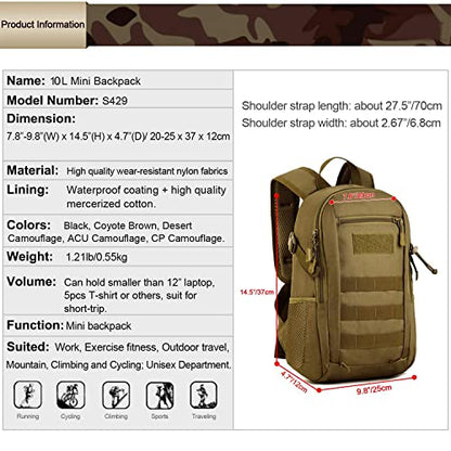 HUNTVP 10L Tactical Backpack Small Backpack Mini Daypack Military MOLLE Rucksack Gear Tactical Assault Pack Bag for Hunting Camping Trekking(10L Dark Brown) - color: Dark Brown, size: 10L