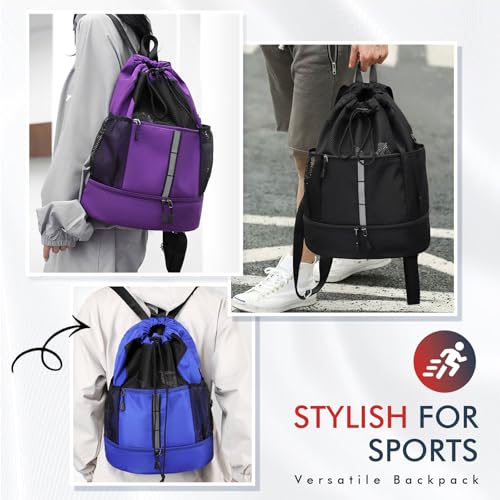 PinCute Drawstring Gym Bag for Men/Women - Mesh Beach Swim Bags Sports Backpack with Wet Pocket&Shoe Compartment, Lightweight - color: Black