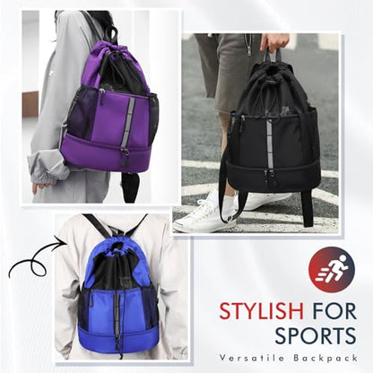 PinCute Drawstring Gym Bag for Men/Women - Mesh Beach Swim Bags Sports Backpack with Wet Pocket&Shoe Compartment, Lightweight - color: Black