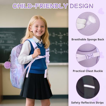 Girls Backpack, School Backpack for Girls, Cute Bow Kids Bookbag for Grils Children Teens for Elementary Middle High School Student, Back To School, Purple Sakura 3pcs - color: Purple Sakura-3pcs