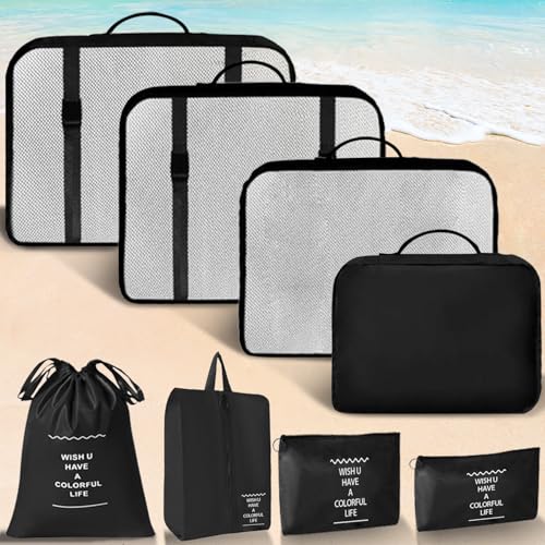 8 Set Packing Cubes For Travel-Travel Essential Carry On Luggage Organizer,Bring Laundry Bag, Shoe Bag, Clothing And Underwear Bag (Black) - color: Black