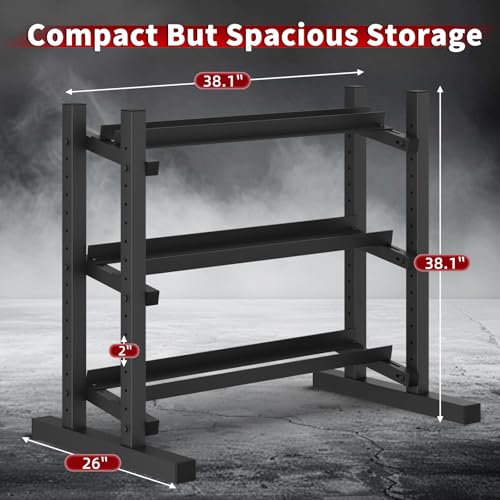 3-Tier Professional Dumbbell Rack, Commercial Grade Dumbbell Storage Rack,1300LB Capacity with Barbell Holder, Adjustable Heavy-Duty Weight Rack for Home Gym, Weight Stand for Dumbbells, Kettlebells & Weight Plates (Rack Only)