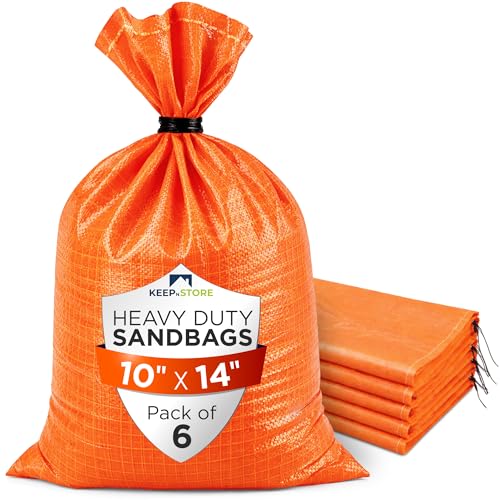 Heavy Duty Sand Bags Pack of 6, Bright Orange Empty Sandbags with Built-In Ties, Woven Polypropylene UV Protection 1600 Hours, Fillable Bags for Flood Control, Weight, 10x14 inches, 15 Pounds Volume - size: 10"W x 14"L, style: Pack of 6