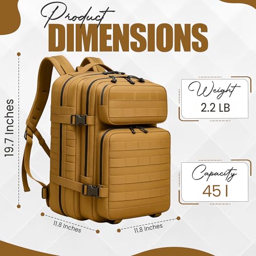 45L Military Tactical Backpack Large Day Pack for Men – MOLLE Rucking Assault Rucksack, Heavy-Duty Water-Resistant Bag for Hiking, Gym, Travel & Outdoor Adventures – Khaki - color: Khaki