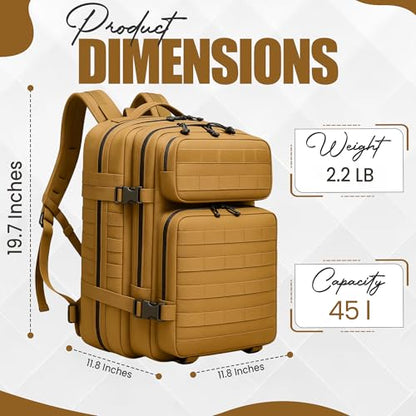 45L Military Tactical Backpack Large Day Pack for Men – MOLLE Rucking Assault Rucksack, Heavy-Duty Water-Resistant Bag for Hiking, Gym, Travel & Outdoor Adventures – Khaki - color: Khaki