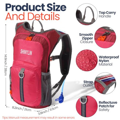 Shinylin 2 Pcs Kids Hydration Backpack with 1.5L Water Bladder Lightweight Kids Hiking Backpack Water Rucksack for Boys Girls Climbing Running - color: Rose Pink, Green, style: Classic