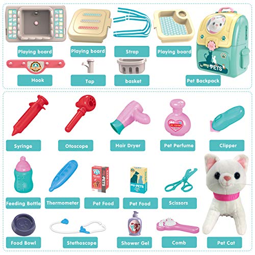 Pet Cat Carrier Backpack Toy, MAGIC4U 23PCS Pet Care Playset,Vet Clinic and Doctor Kit for Kids, Pet Veterinarian Medical Role Play Set for Boys and Girls Ages 3-6 - style: Green