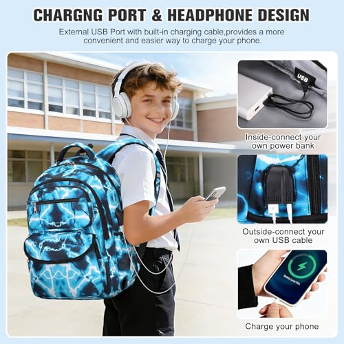 Bevalsa Backpack for Boys, Lightning School Bags with Lunch Bag & Pen Case for Kids, Bookbag for Boys Teens Elementary Middle High School - color: Green