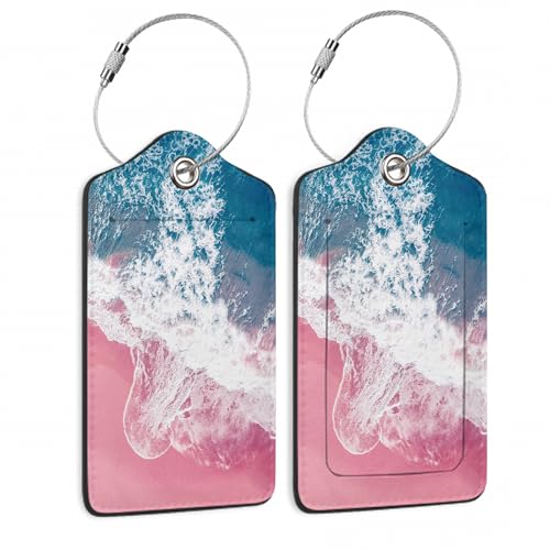 Luggage Tags for Suitcase,2 Pack Pink Beach Blue Ocean Luggage Tag PU Leather Privacy Cover ID Label with Stainless Steel Loop for Women Men Teens Travel - color: Pink Sandy Beach Blue Ocean