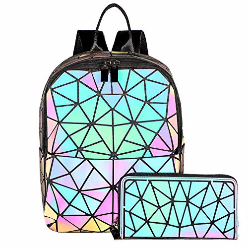 LOVEVOOK Geometric Luminous Purses and Handbags for Women Holographic Reflective Crossbody Bag Wallet - color: Mini Backpack + Zipper Wallet