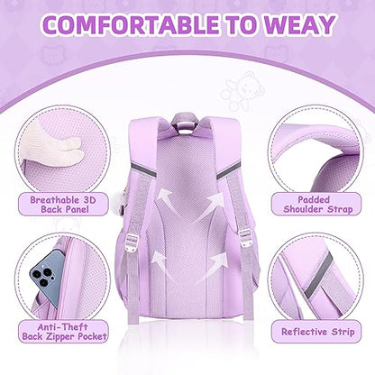 PIG PIG GIRL Girls Backpack, Kids Backpack for Girls with Anti-theft Back Pocket, Lightweight School Back Pack Water Resistant Bookbag for Elementary Primary School, Purple - color: Purple