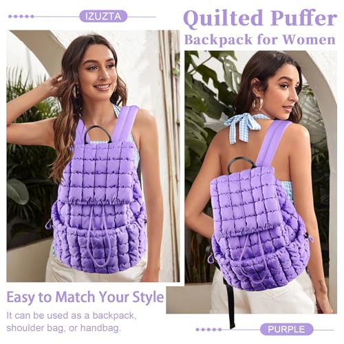 IzuztA Quilted Puffer Backpack for Women, Lightweight Soft Nylon Quilted Hiker Pack Top Flap Drawstring Backpack, Trendy Puffy Padding Gym Travel Bag for Casual Daypack Hiking Sport (Purple) - color: Purple