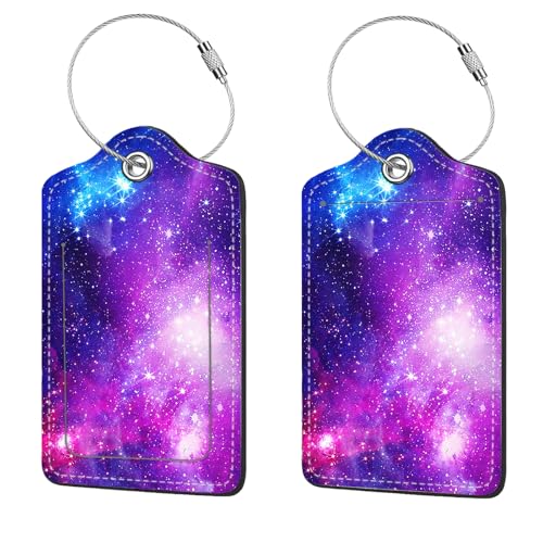 2 Pcs Luggage Tags for Suitcase, Cute Unique PU Leather Travel Bag Tag with Privacy Cover ID Label Address Card and Durable Metal Ring Suitable for Men Women Children Backpack,Purple Star River - color: Purple Star River