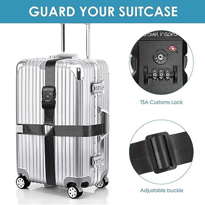 Travel Inspira Luggage Straps for Suitcases with TSA Lock, Protect Your Luggage Anti-Burst, High Visibility Color, Easy to Identify Luggage Adjustable Heavy Duty Belt for 20-28 Inch Suitcases - color: Cross Black