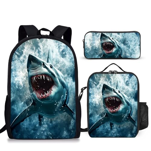 3PCS Shark Print Backpack for Boys Girls Teens, School Backpack with Lunch Box Pencil Case for Elementary Middle High Students, 17 Inch Lightweight Bookpack 3 in 1 Set Back to Shool Gifts for Kids - color: Shark