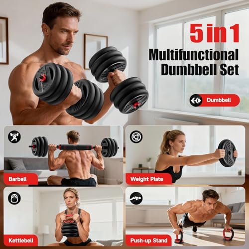 Adjustable Dumbbell Set, 20/30/45/70/90lbs Free Weight Set With Double Locknut, 5-in-1 Dumbbells Set Includes Barbell, Kettlebells, Push up Stand, Weight Plate, Fitness Exercise for Home Gym Suitable Men/Women - style: 45LB(22.5LB Pair)