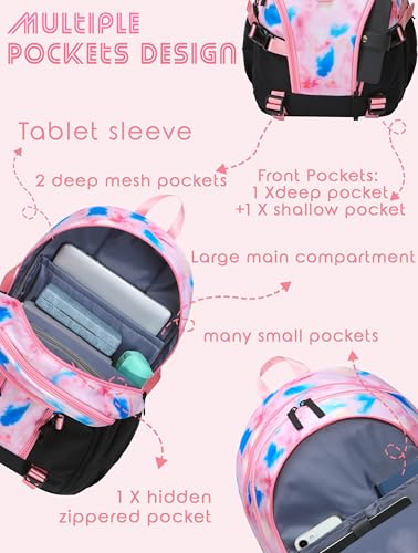 BLUEFAIRY High School Backpack for Girls Boys Middle School Bookbag for Kids Back to School Bag for College with Large Compartment Casual Daypack Mochilas para Niñas Adolescentes 18" Tie Dye Pink - color: Baby Pink