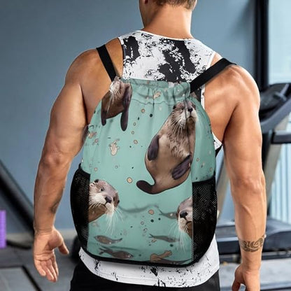 Drawstring Gym Backpack with Shoe Compartment And Wet Pocket, 28L Lightweight Waterproof Otters Sports Backpack for Workout Swim Beach Travel String Bag for Men Women