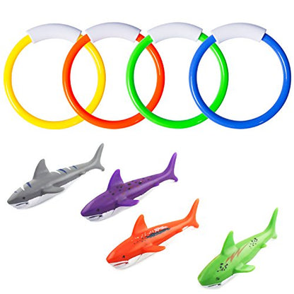 Pool Diving Toys, Underwater Swimming Pool Toys for Kids Ages 4-8, Diving Rings and Training Sharks for Learning to Swim, 8 Pack