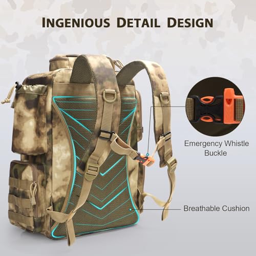 Fishing Backpack, Fishing Tackle Backpack with Rod Holders for 4 Boxes (Box Not Included) 45L Waterproof Fishing Gear, Ideal for Men and Women Large Tackle Box Bag (Sahara Khaki Camo) - color: Sahara Khaki Camo