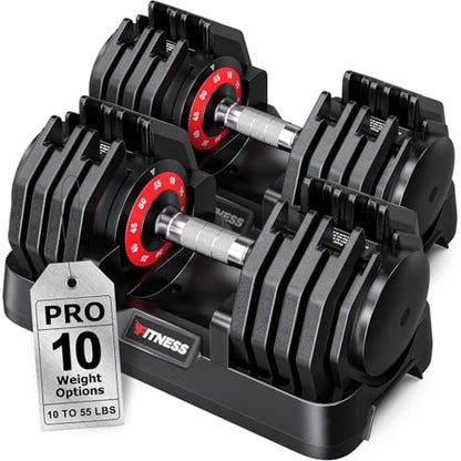Rendpas Adjustable Dumbbells Set of 2, 5-in-1/10-in-1/16-in-1 Quick-Lock Hand Weights 25/55/80 lbs Pair, Anti-Slip Handle Free Weights Set for Home Gym Strength Training for Men Women - color: Pro-55LBS Pair-10 Weights