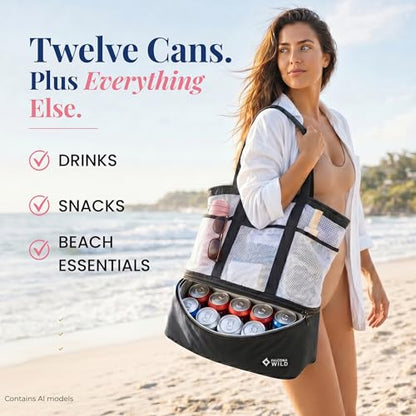 Beach Bag with Cooler Compartment Plus 3 Ice Packs – Keeps Drinks Cold for 6+ Hours – Insulated Beach Tote and Cooler Combo – Stay Organized with Two Bags in One- Perfect for Poolside and Picnics - color: Black and White