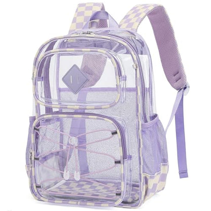 Clear Backpacks for Girls Women, Heavy Duty PVC Transparent Back Pack See Through Boys Kids Clear Bookbags for School Checkered Purple - color: Checkered Purple