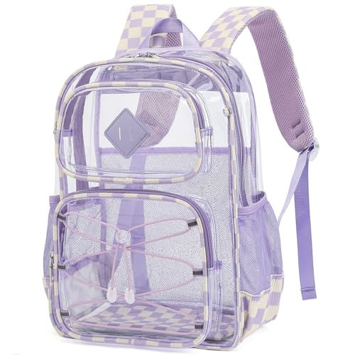 Clear Backpacks for Girls Women, Heavy Duty PVC Transparent Back Pack See Through Boys Kids Clear Bookbags for School Checkered Purple - color: Checkered Purple