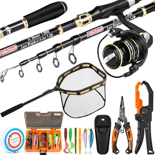 PLUSINNO Fishing Gear,Full Fishing Pole kit Include Fishing Rod and Reel Combo, Tackle Box with Fishing Lures, Fishing Accessories, Fishing Pliers,Fishing Gifts for Men with Fishing Tool Kit - style: Orange Fishing Combo With Fishing Net