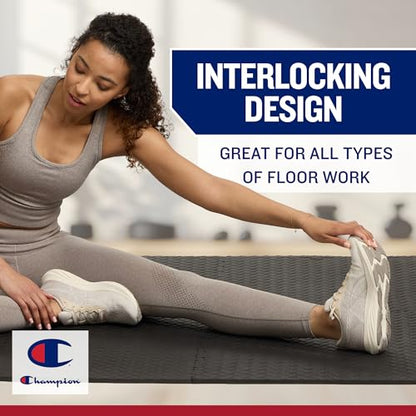Champion Interlocking Foam Floor Tiles, 12mm Thick EVA Foam Exercise Mat Set with 6 Interlocking Mats & 10 Border Pieces, Non-Slip Cushioned Flooring for Home Workout, Yoga, Stretching, and Pilates
