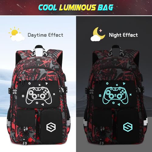 Scothen Boys Backpack, Cool Luminous Gamer School Backpacks for Boys with 14oz Insulated Water Bottle Lunch Bag Pencil Case, Kids Backpack Book Bags for Kindergarten Elementary Middle School - color: Red