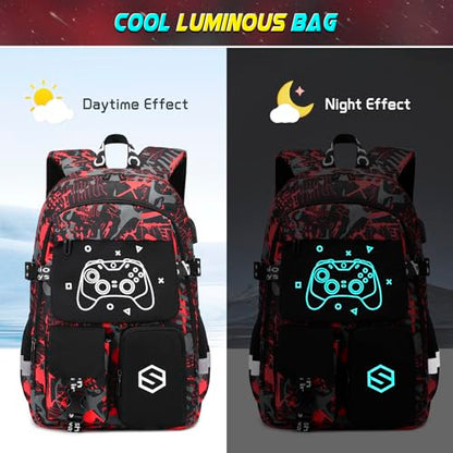 Scothen Boys Backpack, Cool Luminous Gamer School Backpacks for Boys with 14oz Insulated Water Bottle Lunch Bag Pencil Case, Kids Backpack Book Bags for Kindergarten Elementary Middle School - color: Red