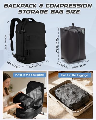 Travel Backpack for Women Men, Flight Approved Carry On Backpack with Compression Vacuum Storage Bags, 18x14x8 inches Personal Item Travel Bag with Pump Black - color: Black