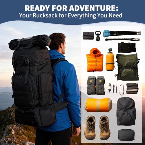 70L Hiking Backpack for Men Women Camping bag with Shoe Compartment Large Military Tactical Backpack, MOLLE Rucksack Sport Travel Backpacking Daypack (Black) - color: 70l Black-sc