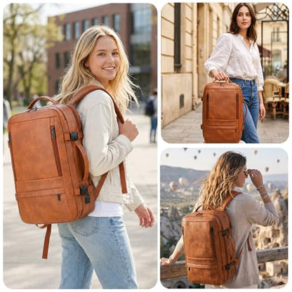 Travel Backpack for Women, PU Leather Carry On Backpack Flight Approved with Laptop Compartment, 40L Expandable Personal Item Travel Bag for Traveling Weekender Business (Brown) - color: Brown