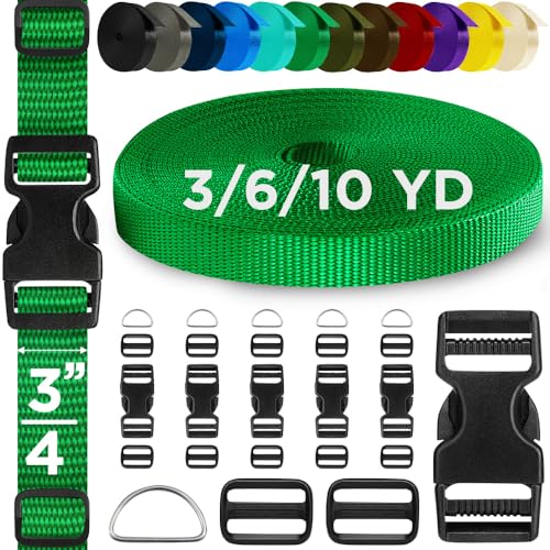 TECEUM Buckles & Strap Kit – 3/4" Green Nylon Webbing 6 (yd) – 6 Heavy Duty Adjustable Plastic Buckles – 12 Tri-Glide Slide Clips – 6 Metal D-Ring – Ideal Straps for Arts Crafts Outdoors Indoors DIY - color: Green, size: 3/4" - 6 yards, style: 6 Buckle -