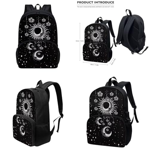 Goth Sun Moon Stars Backpack for Girls Kids Backpack with Lunch Box Water Bottle Bag and Soft Pencil Case 4Pcs Set 17" Bookbag with Large Front Pocket for School Sturdy Elementary School Bag - color: Gothic Sun Moon and Stars
