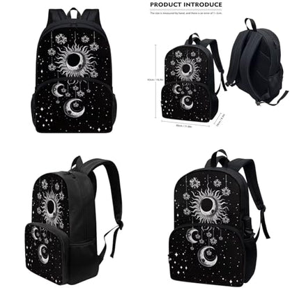 Goth Sun Moon Stars Backpack for Girls Kids Backpack with Lunch Box Water Bottle Bag and Soft Pencil Case 4Pcs Set 17" Bookbag with Large Front Pocket for School Sturdy Elementary School Bag - color: Gothic Sun Moon and Stars